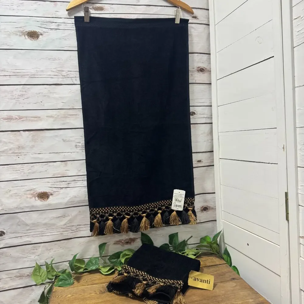 2 AVANTI ZENA GOLD & BLACK ROPE TASSEL DECORATIVE HAND TOWELS 16X29 NEW MACYS